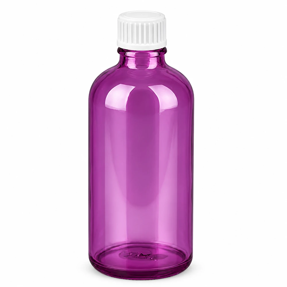 100ml (Globuli)Flasche 3mm Giessring weiß Standard PurpleLine. UT18/100 3mm starke Glasflasche 100ml in Purple für professionelle Anwendungen im Labor
