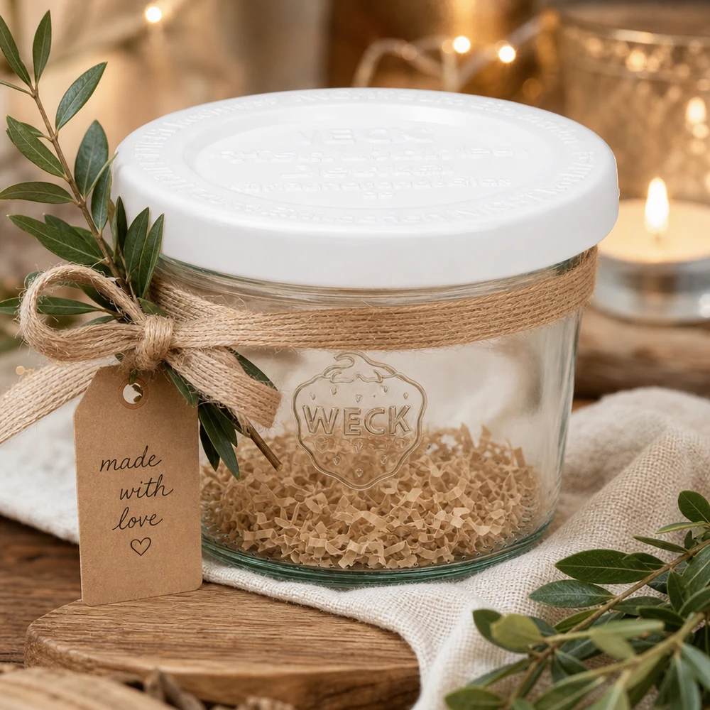 Bocal en verre de 80 ml avec couvercle hermétique WECK RR60 WECK 80ml Sturzglas RR60 dekorativ arrangiert mit Juteschnur Geschenkanhänger und Olivenzweigen auf rustikalem Holz