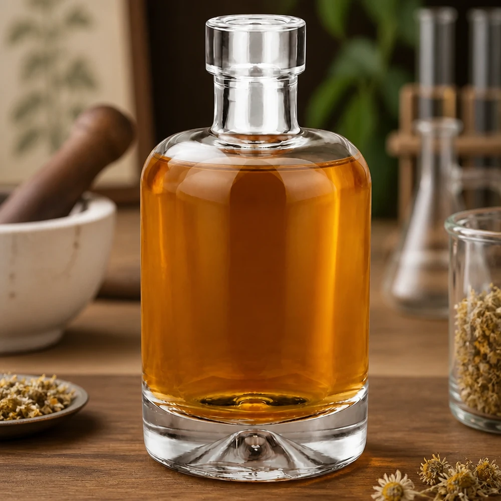 Bottiglia di vetro Amelie da 50 ml riempita di elisir alle erbe di colore ambrato su un tavolo di legno decorato con camomilla e spezie