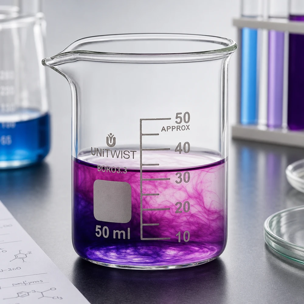 Bicchiere da 50 ml in borosilicato, a basso stampo UNiTWIST Bicchiere da laboratorio UNiTWIST da 50 ml, forma bassa, con liquido viola e sfumatura di colore