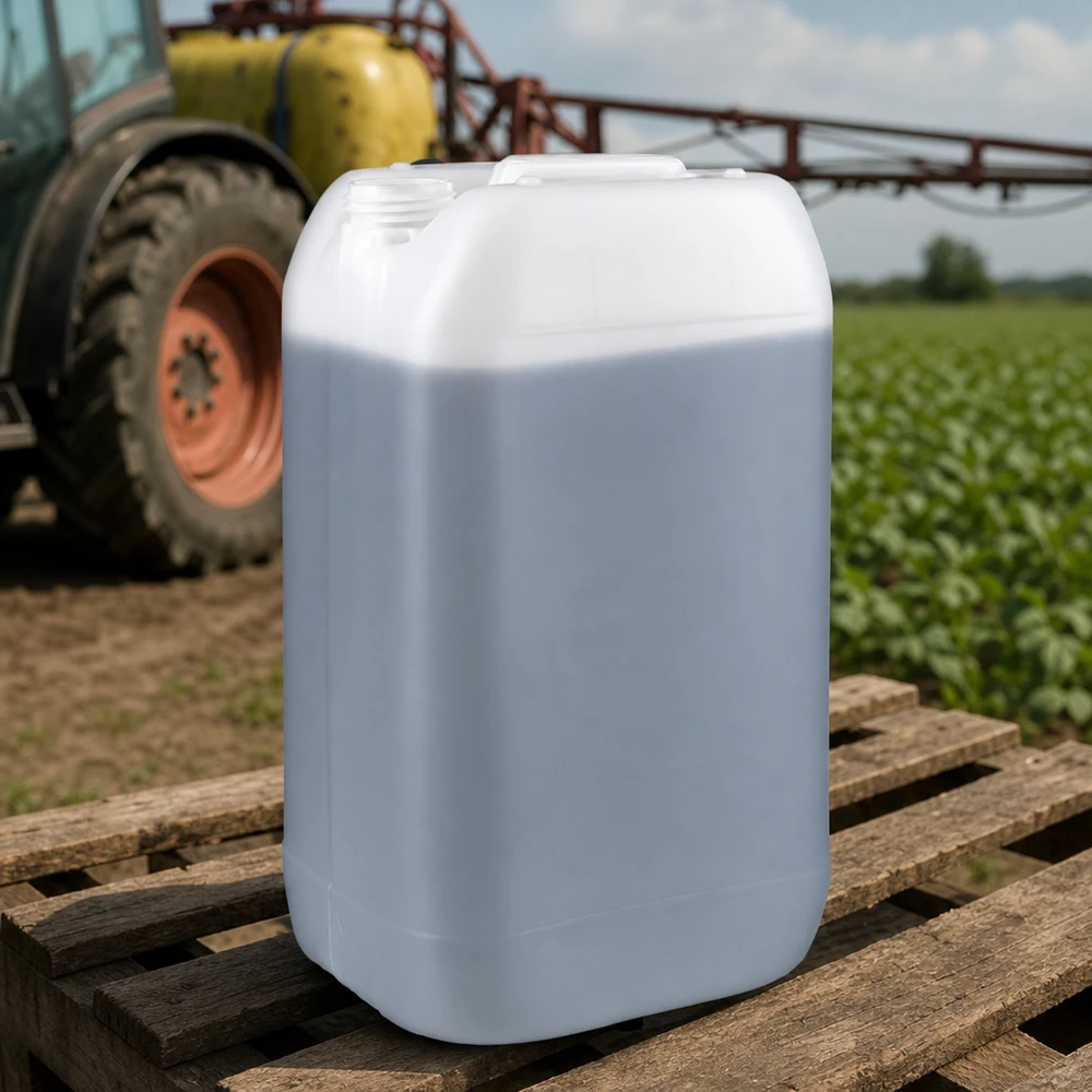 Jerrican de 15 litres sans bouchon Bidon robuste de 15 litres sans bouchon, posé sur une palette en bois devant un tracteur agricole