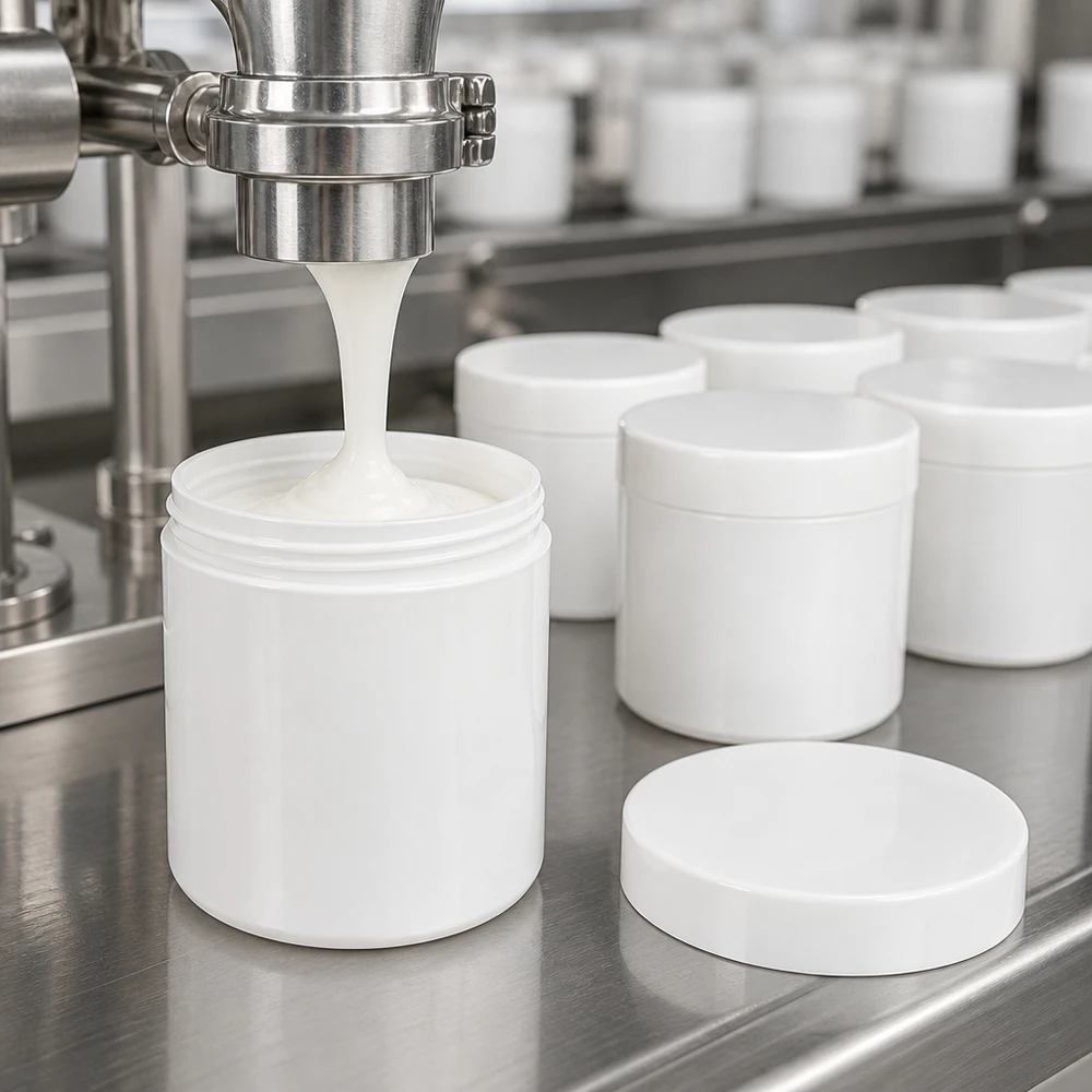 Plusieurs pots à pommade blancs en PP de 100 g avec couvercle à vis, sur un convoyeur à bande en acier inoxydable