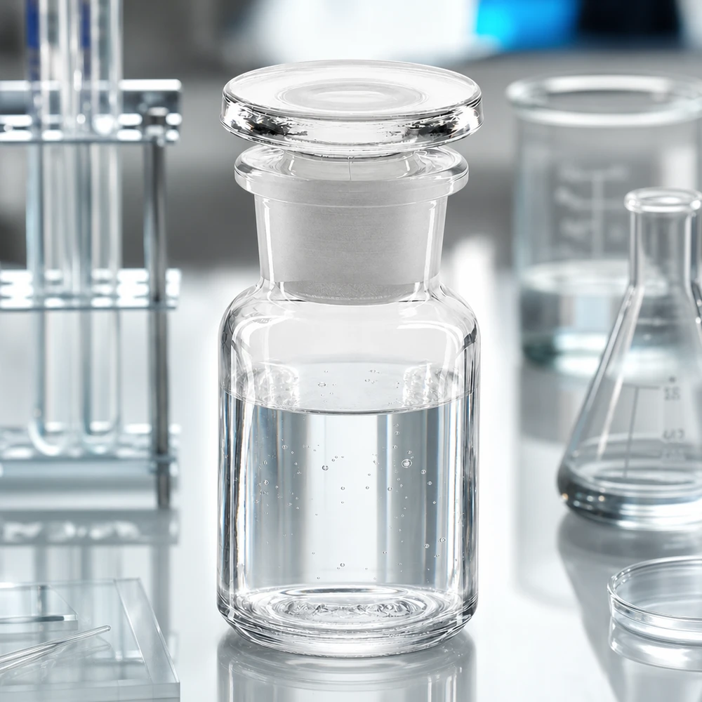 Bottiglia a spalla tonda 50ml chiara a collo largo in vetro con tappo Fiaschetta da laboratorio a collo largo da 50 ml in vetro trasparente con tappo in vetro su un piano di lavoro da laboratorio bianco