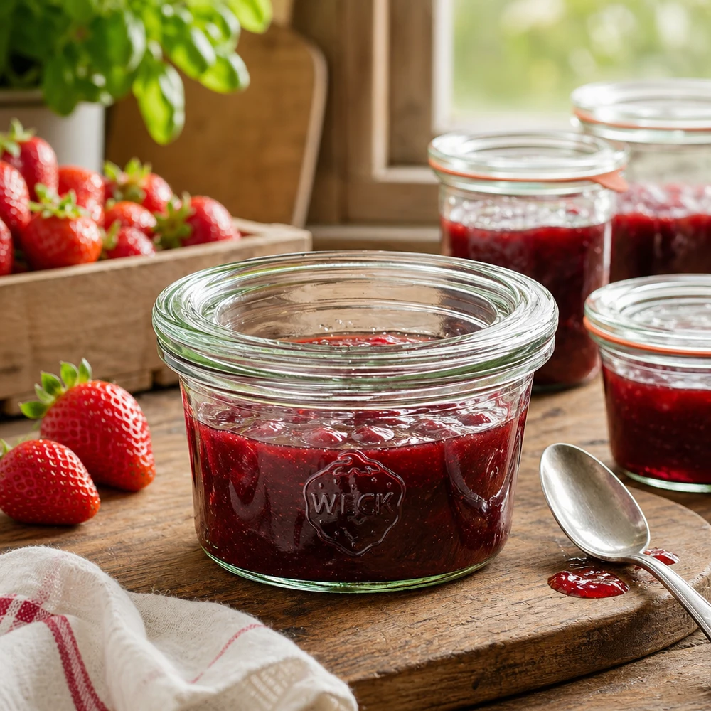 50ml Sturzglas mit Glasdeckel WECK RR60 WECK Sturzglas 50ml gefüllt mit Erdbeermarmelade auf Holzbrett neben frischen Erdbeeren in rustikaler Küche