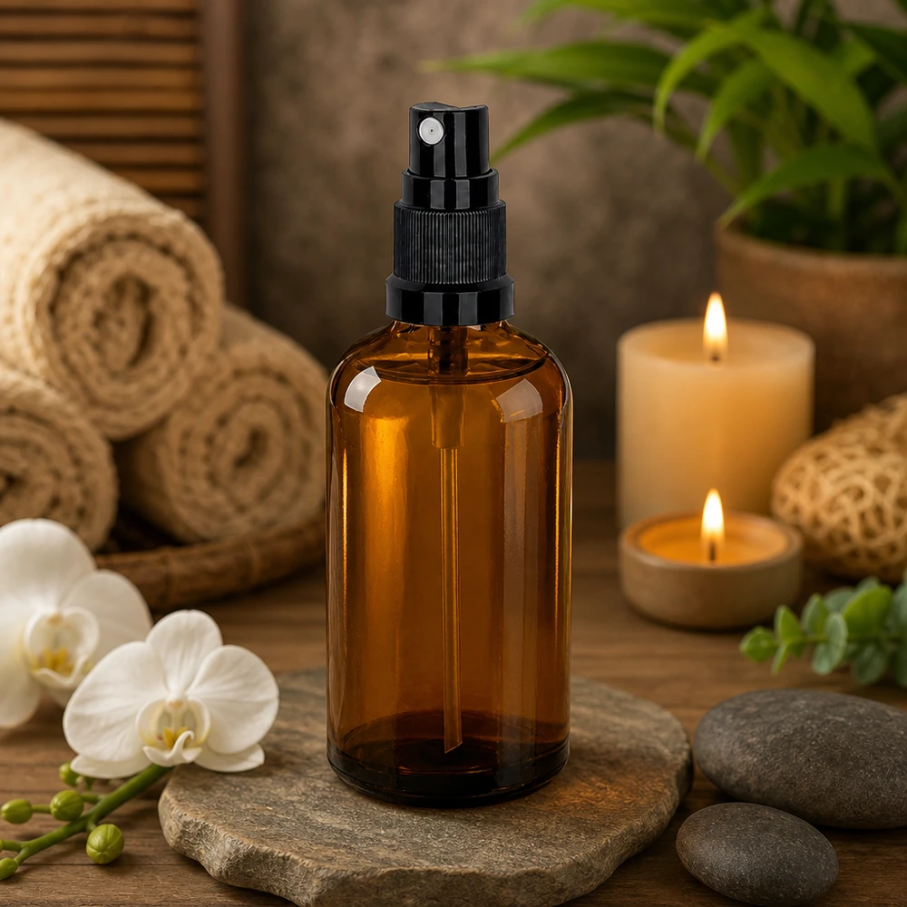 100ml Sprayflasche schwarz Standardverschluss BrownLine UT18/100 Professionelle 100ml Sprayflasche braun mit UT18 Verschluss für aromatherapeutische Mischungen