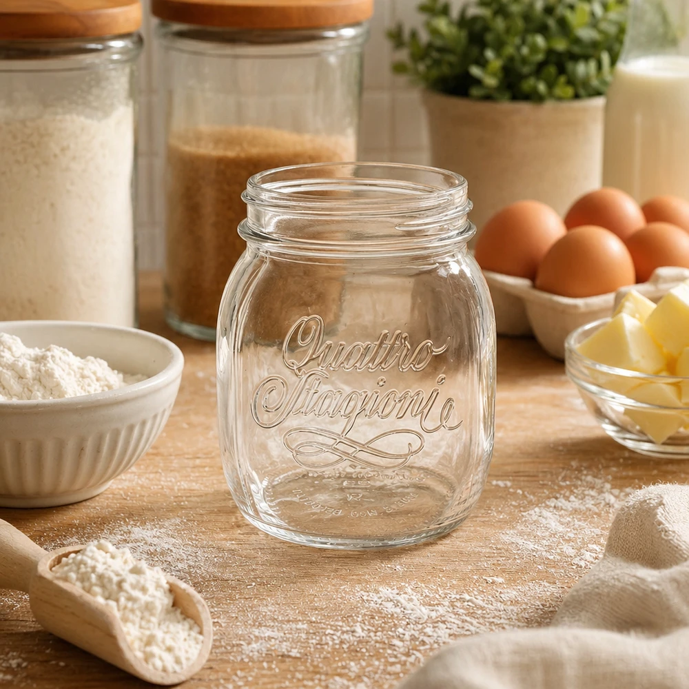 Bicchiere da 700 ml per uso domestico "Quattro Stagioni Bicchiere da 700ml Quattro Stagioni vuoto su un tavolo di legno circondato da ingredienti da forno, farina, uova e burro in cucina