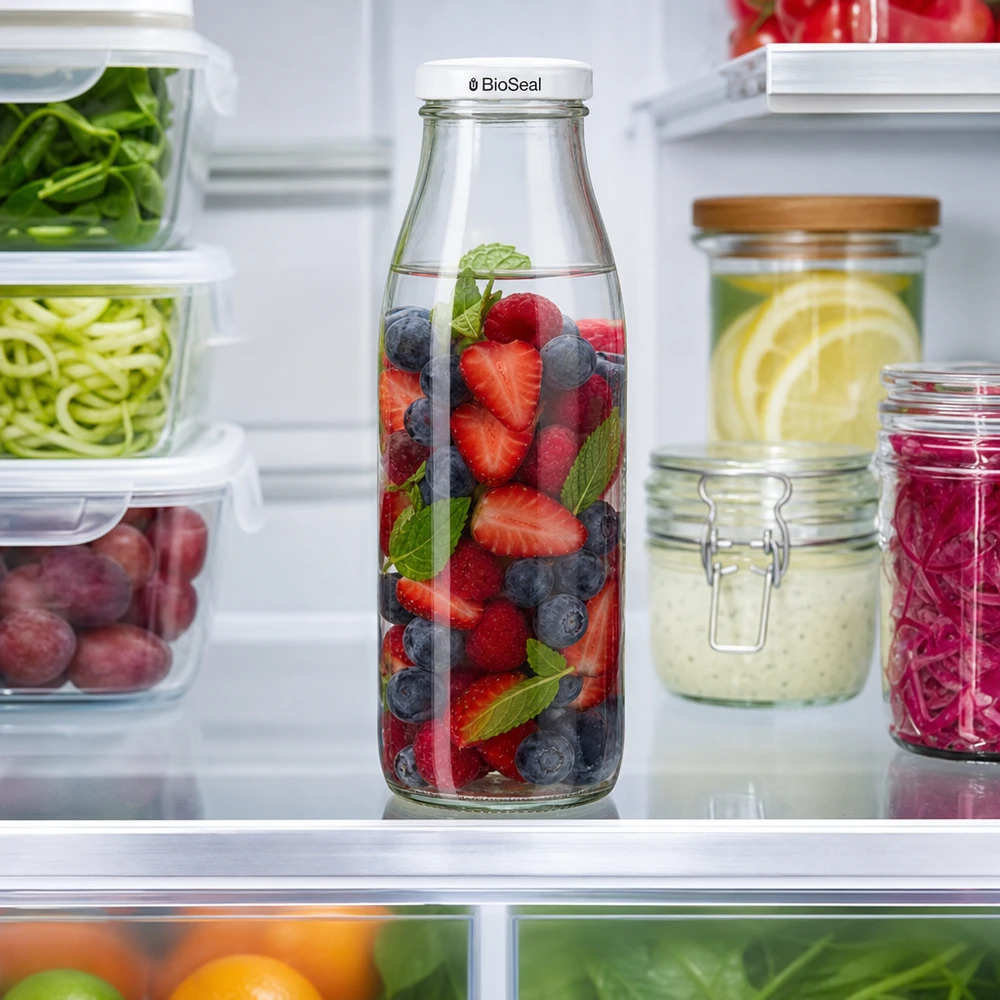 500ml Glasflasche + BioSeal Deckel weiß UNiTWIST 500ml Glasflasche mit BioSeal Deckel im Kühlschrank, gefüllt mit Beeren und Minze, neben Meal Prep Behältern