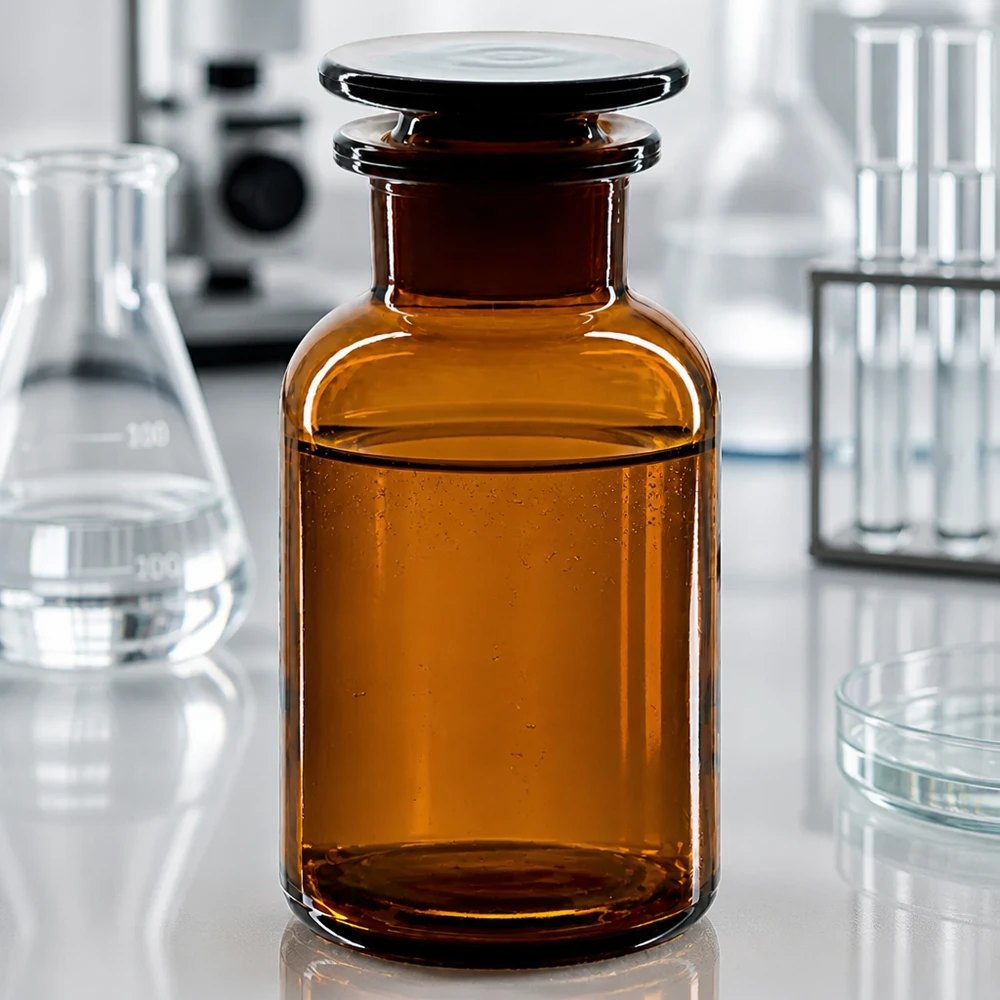 Foto di laboratorio: bottiglia marrone a collo largo da 250 ml con tappo di vetro, circondata da matracci di Erlenmeyer e provette