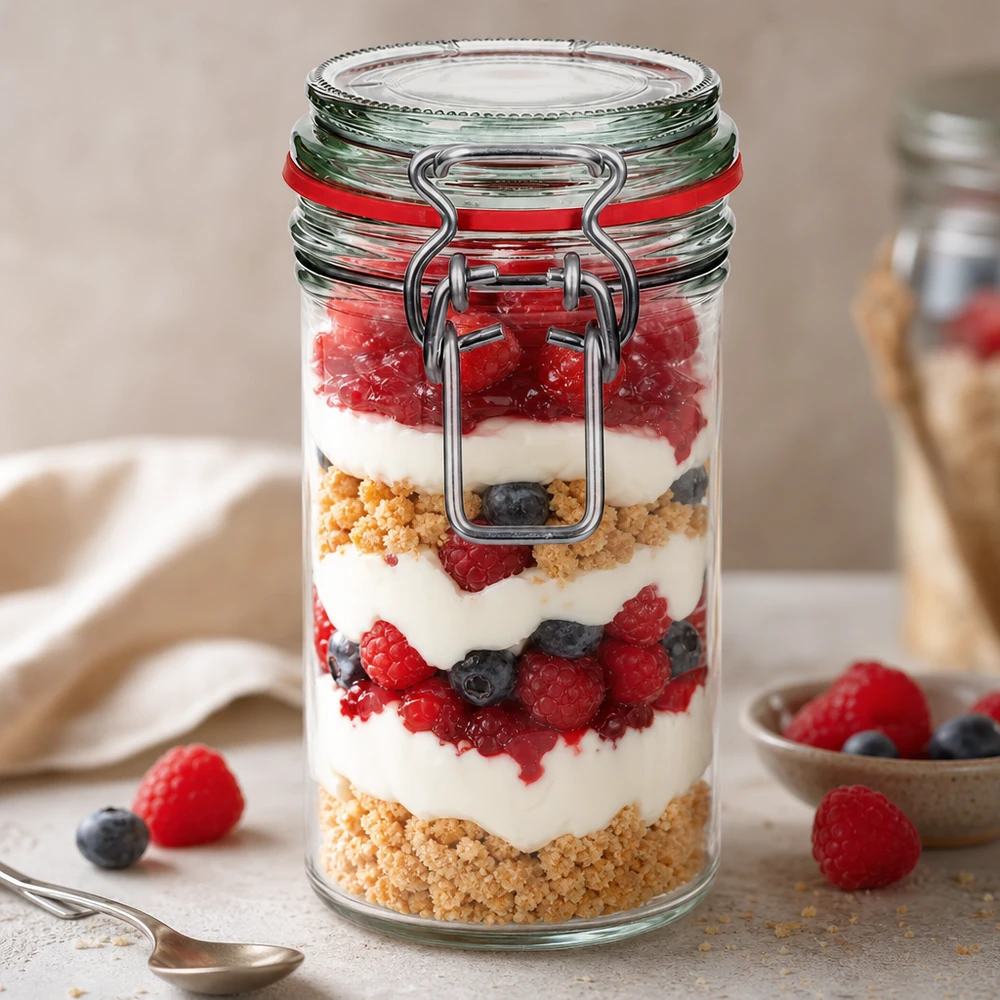 Bocal de conservation de 272 ml, type G, avec bouchon à clip UN.. 272ml Vorratsglas mit Bügelverschluss gefüllt mit Joghurt-Beeren-Dessert zeigt praktische Verwendung für Küche