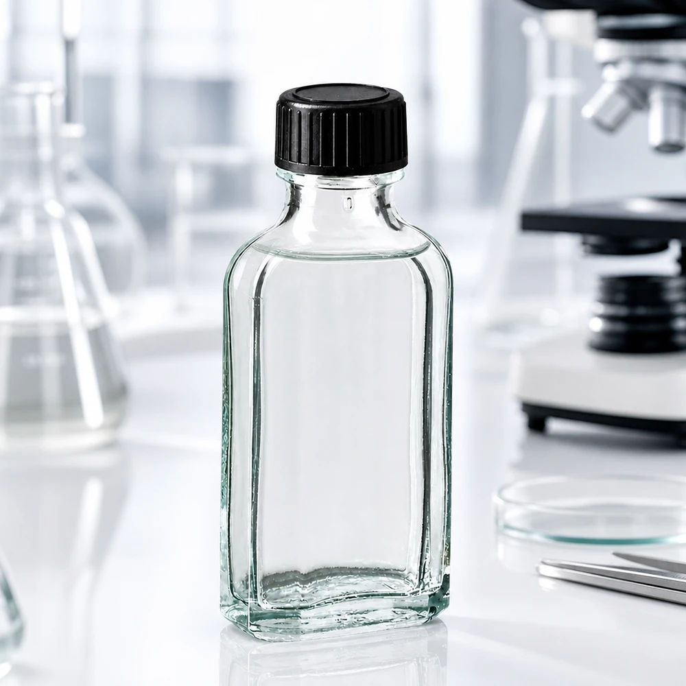 50 ml Meplat klar Schraubverschluss mit EPE-Dichtscheibe Transparente Meplat Flasche 50 ml mit schwarzem Verschluss neben Mikroskop und Petrischale