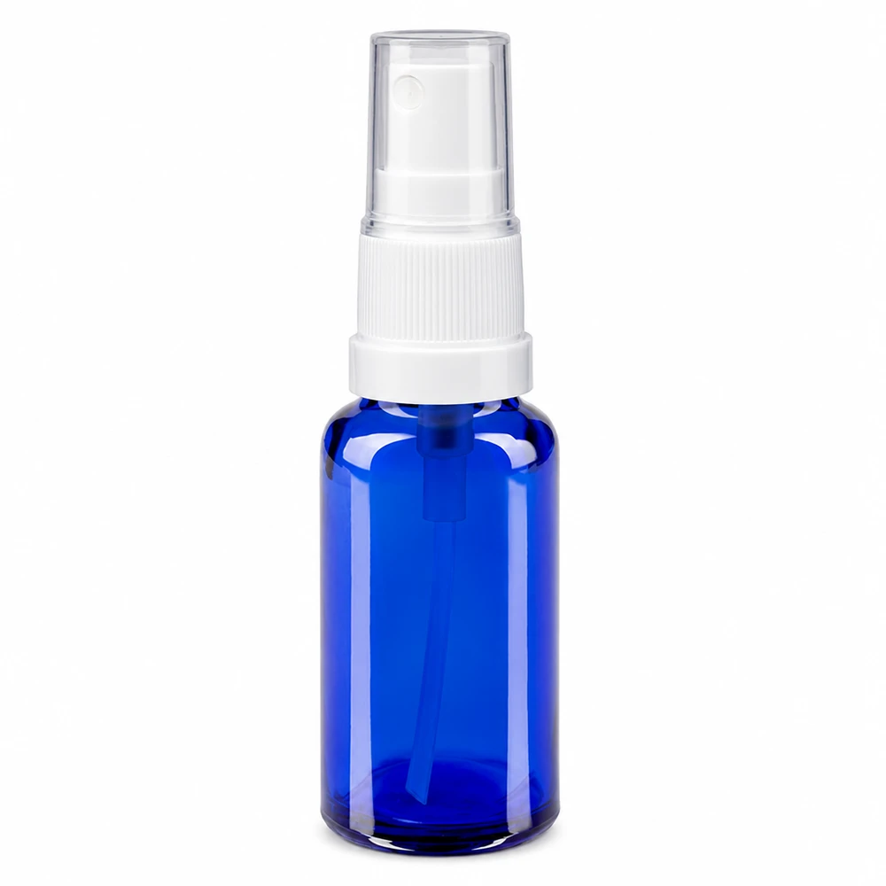 20ml Lichtschutz-Sprayflasche blau ApoGlas mit weißem Sprühaufsatz und Steigrohr