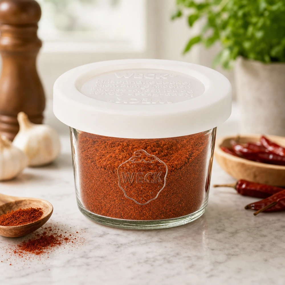 35ml Sturzglas mit Frischedeckel WECK RR40 WECK Sturzglas 35ml RR40 mit Paprikapulver befüllt in Küchenambiente mit Gewürzen und Knoblauch, Gewürzaufbewahrung