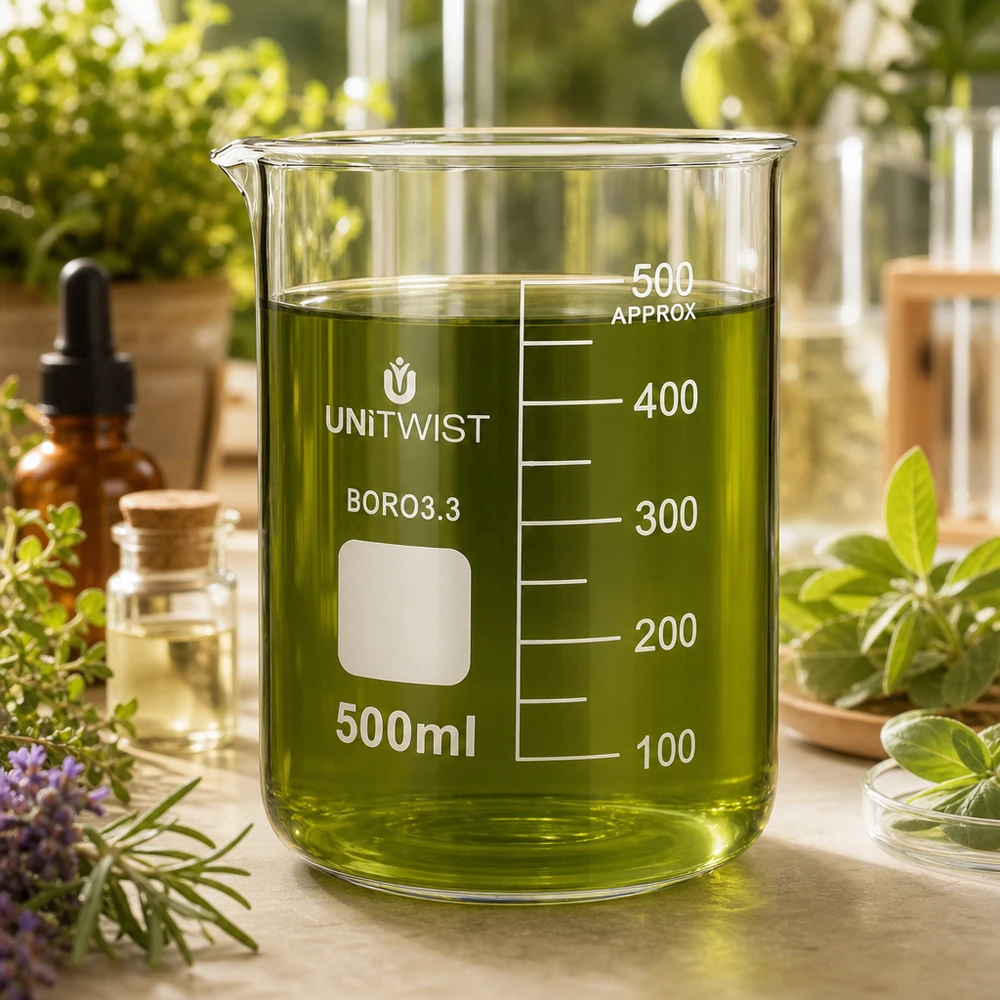 Bicchiere 500ml borosilicato, stampo basso UNiTWIST Bicchiere UNiTWIST da 500 ml in vetro borosilicato, di forma bassa, riempito con un liquido verde a base di erbe