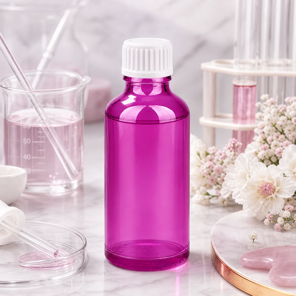 Elegante flacone in vetro di design da 50 ml in colore viola per prodotti di bellezza e oli per il benessere di alta qualità
