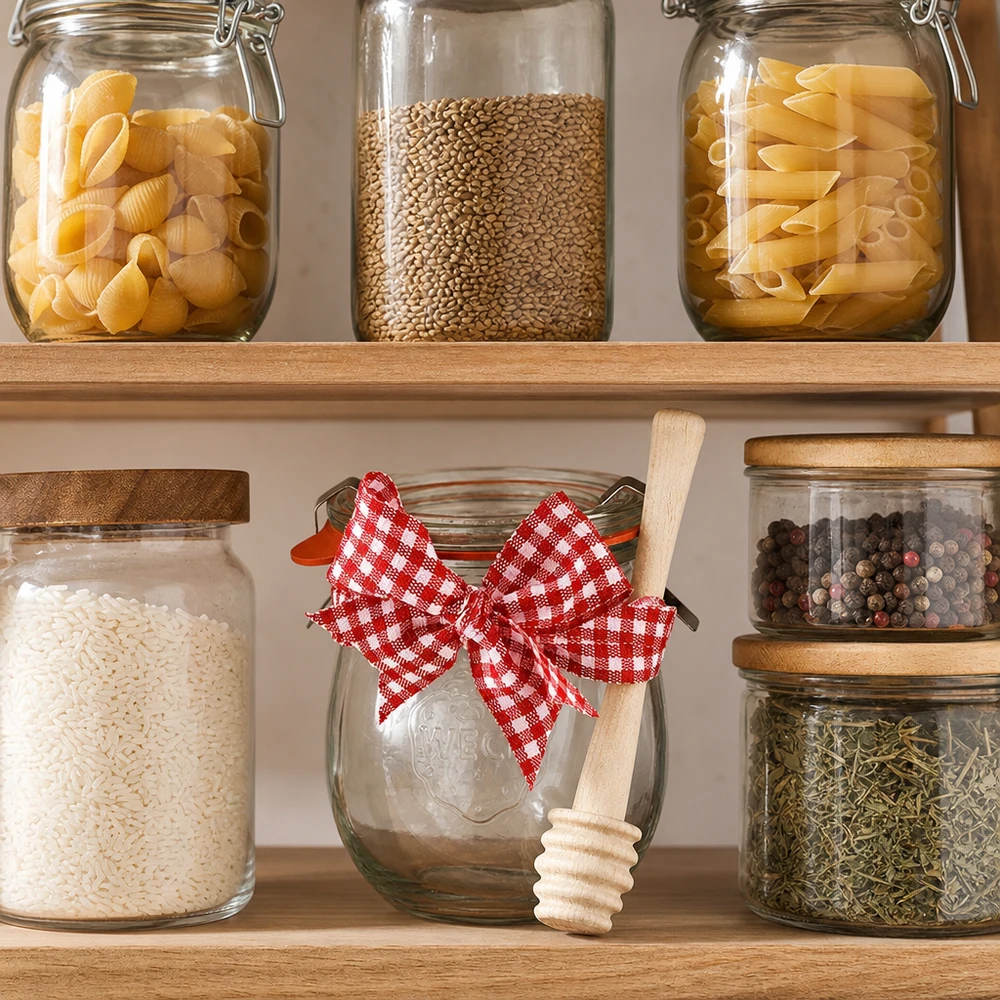WECK mini vaso a tulipano 220ml completo di cucchiaio per miele Armadio con vasetti WECK per pasta e spezie, mini vasetto a tulipano da 220 ml con cucchiaio da miele come decorazione per la cucina