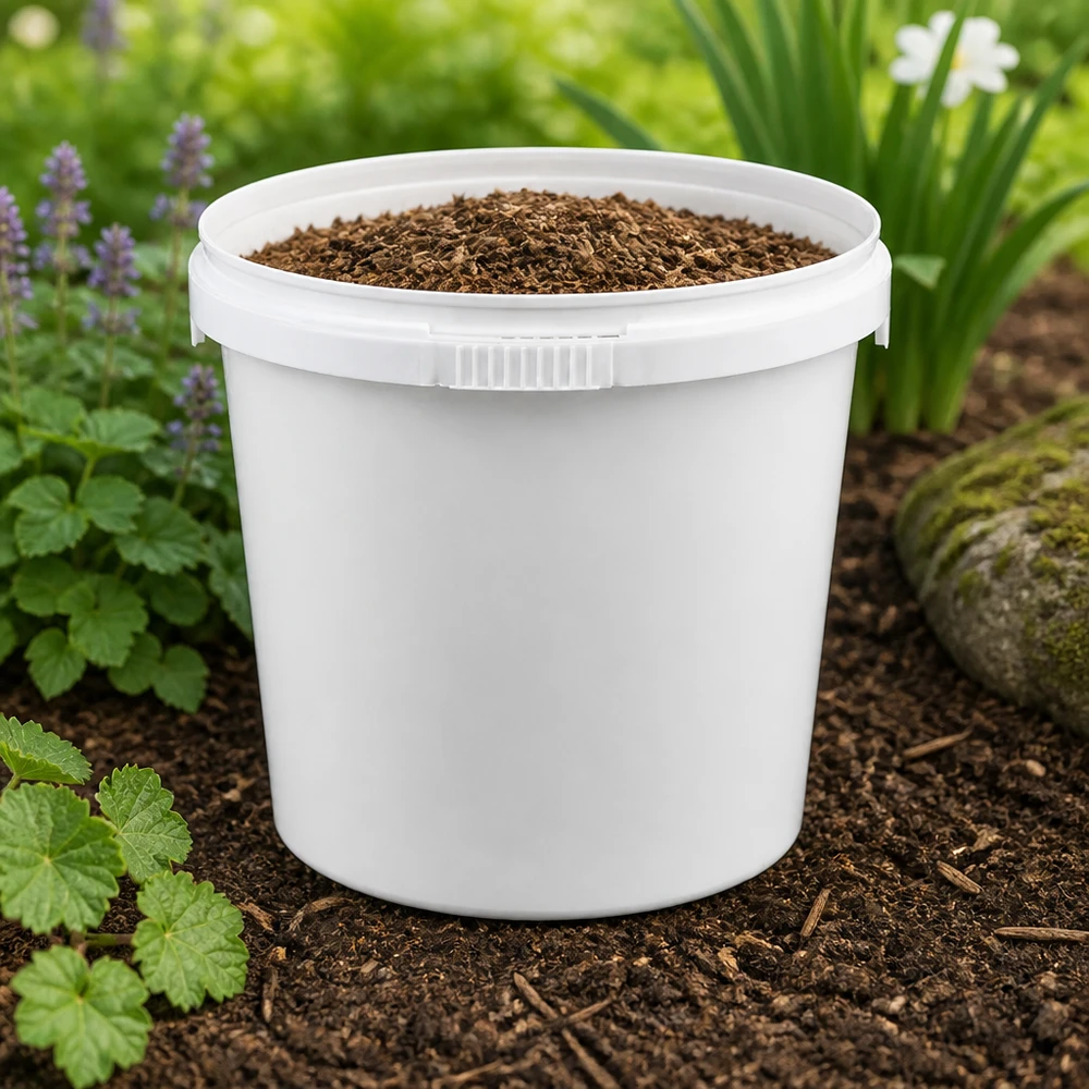 Eimer 1L aus weißem Kunststoff Polypropylen ohne Deckel Runder offener PP Eimer 1 Liter Weiß mit Mulch befüllt in natürlicher Gartenumgebung