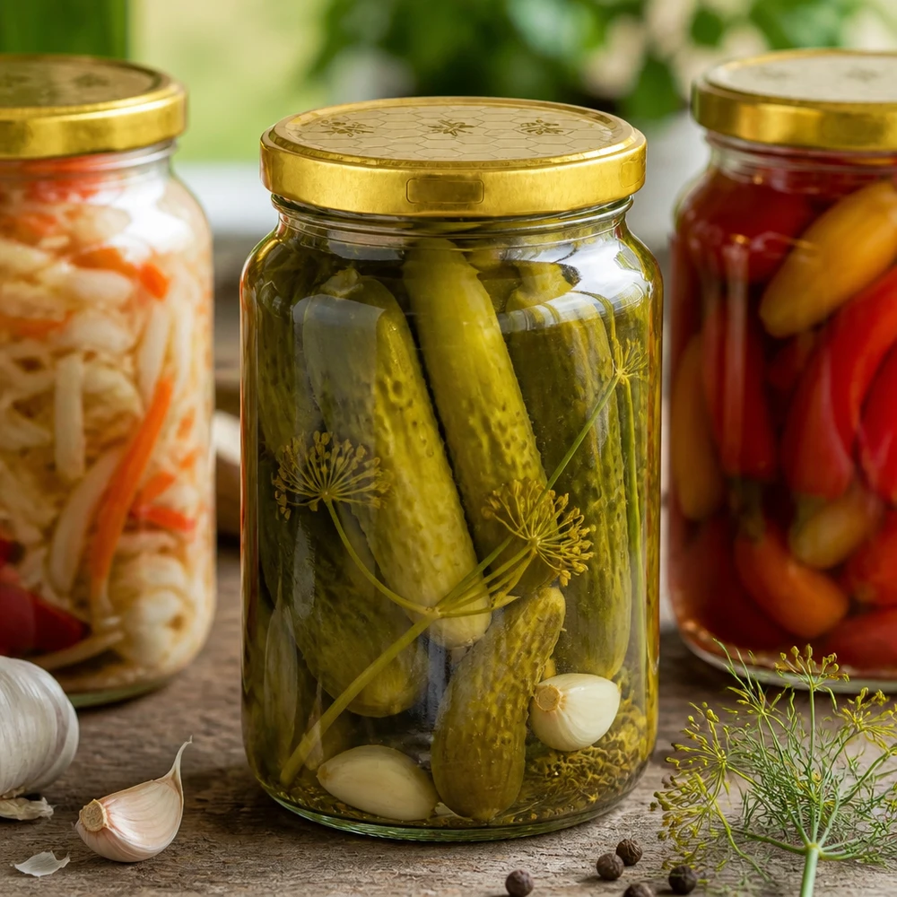 Barattolo rotondo da 795 ml con coperchio dorato per conserve - cetriolini, crauti e sottaceti misti in barattolo di conservazione