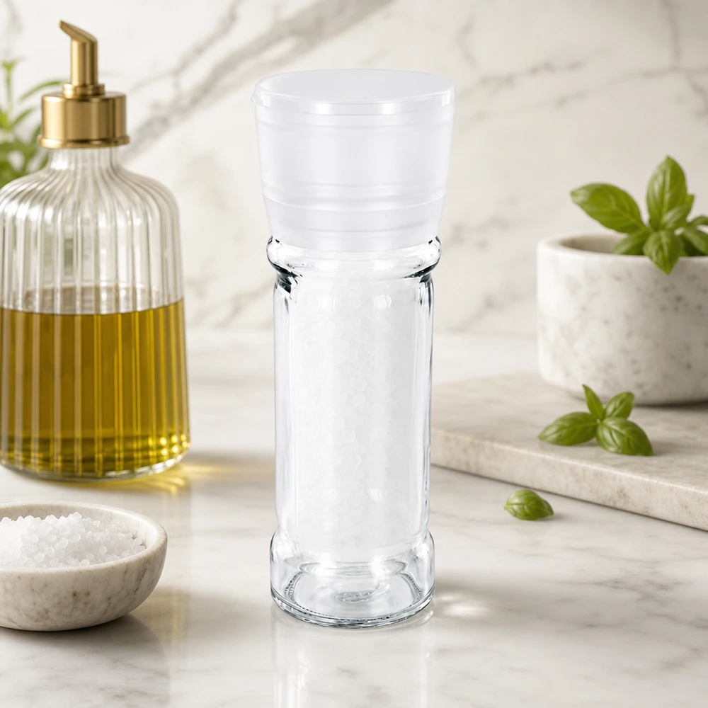 Pot à sel/épices 100 ml avec moulin Vario blanc Schlankes Gewürzglas 100ml mit integrierter Mühle ideal für grobes Meersalz und Pfefferkörner