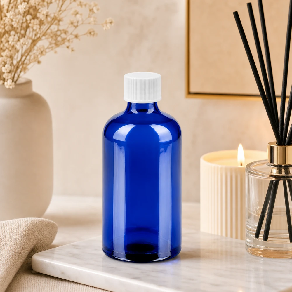 100ml Flasche 11mm Schraubverschluss weiß Standard BlueLine UT18/100 Vielseitige 100ml Glasflasche in Kobaltblau ideal für Seren Tinkturen und flüssige Präparate