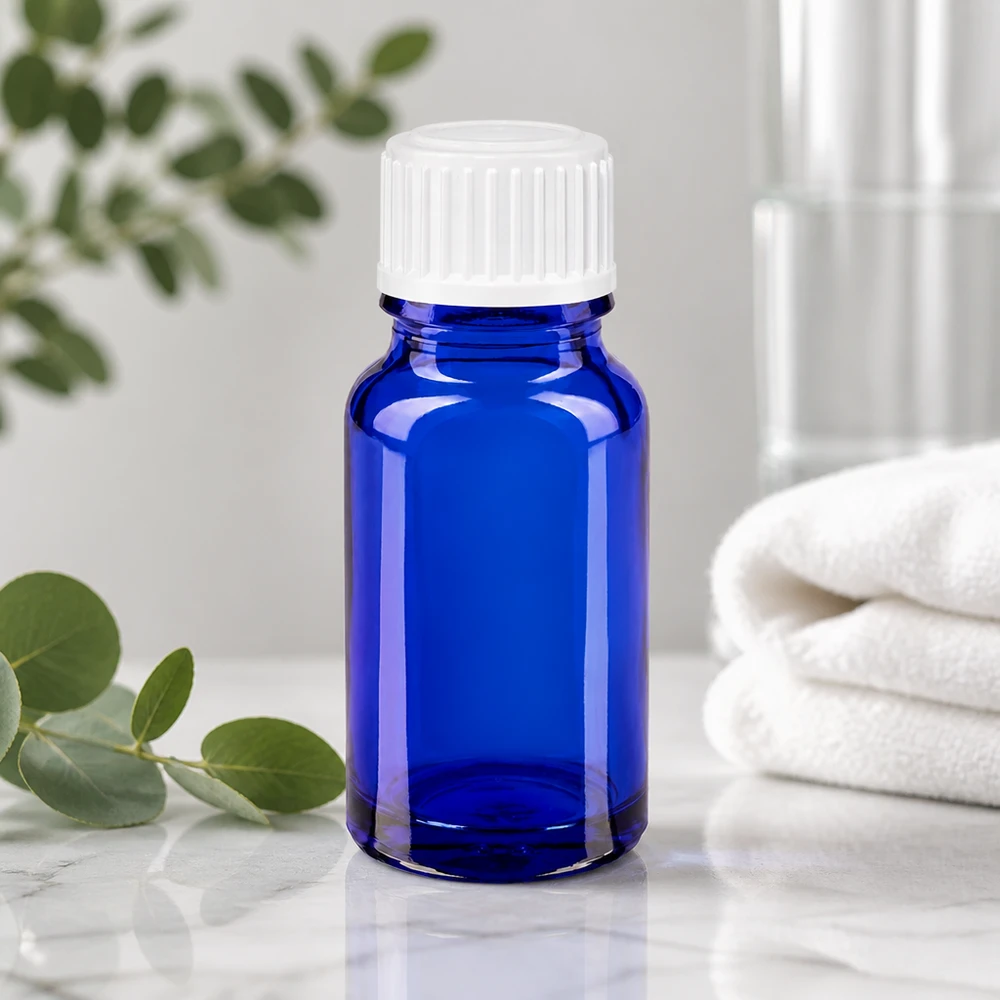 Apothekenflasche blau 10ml Schraubverschluss weiß Globuli Standard Dunkelblaue Pharmaglasflasche 10ml mit geripptem Schraubdeckel in Weiß