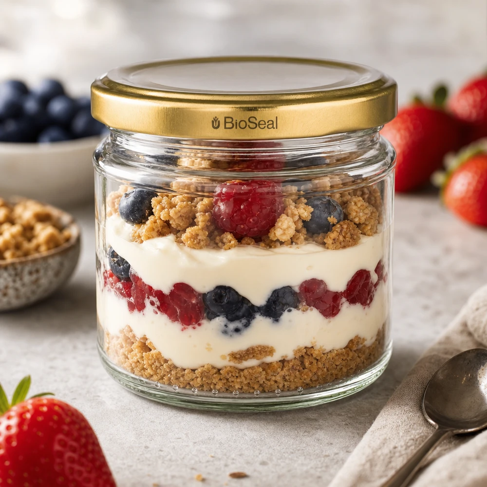 212ml Verre rond avec couvercle BioSeal or UNiTWIST UNiTWIST Verre rond 212ml avec couvercle TO66 BioSeal doré comme verre à dessert avec des couches de yaourt aux baies