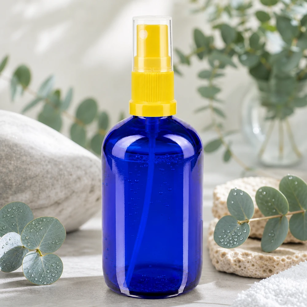 Apothekenflasche blau 100ml Sprayaufsatz gelb Blaue Rundglasflasche 100ml mit gelb-transparentem Fingerpump-Zerstäuber Apothekenqualität