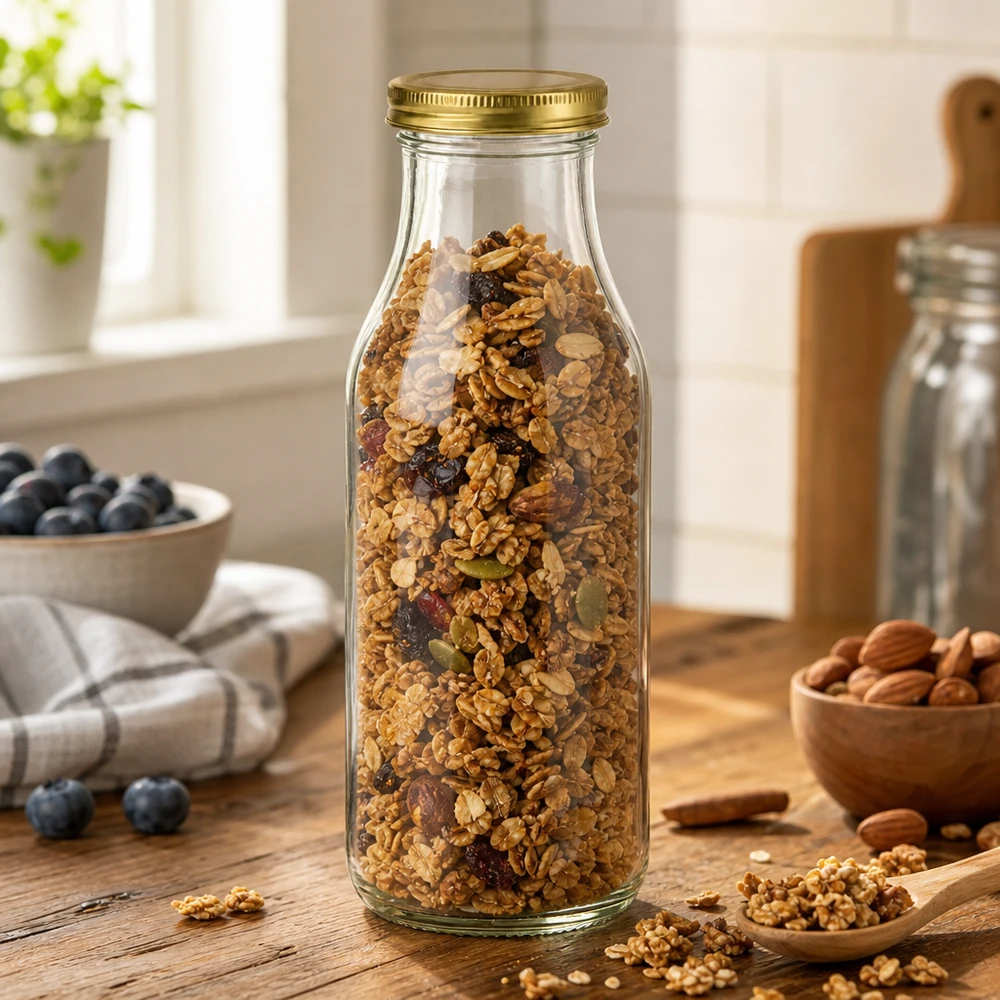 La bottiglia UNiTWIST263 riempita di muesli mostra il coperchio dorato TO43 BioSeal in un ambiente rustico di cucina con noci