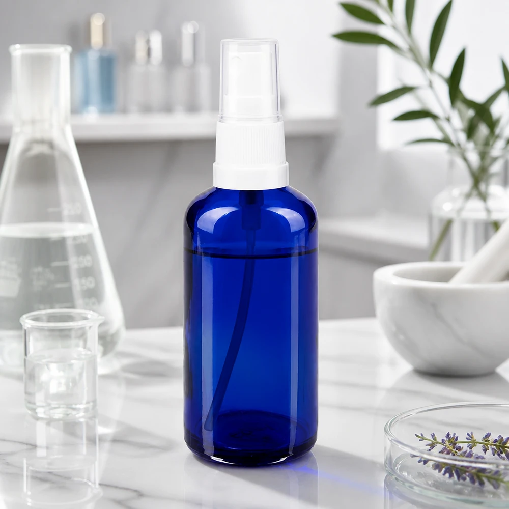 Kompakte 50ml Blauglasflasche mit weißem Pumpzerstäuber ideal für ätherische Öle