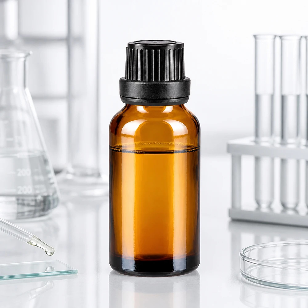 Flacon en verre brun de 20 ml avec compte-gouttes de 2 mm et bouchon OV noir à sécurité enfant