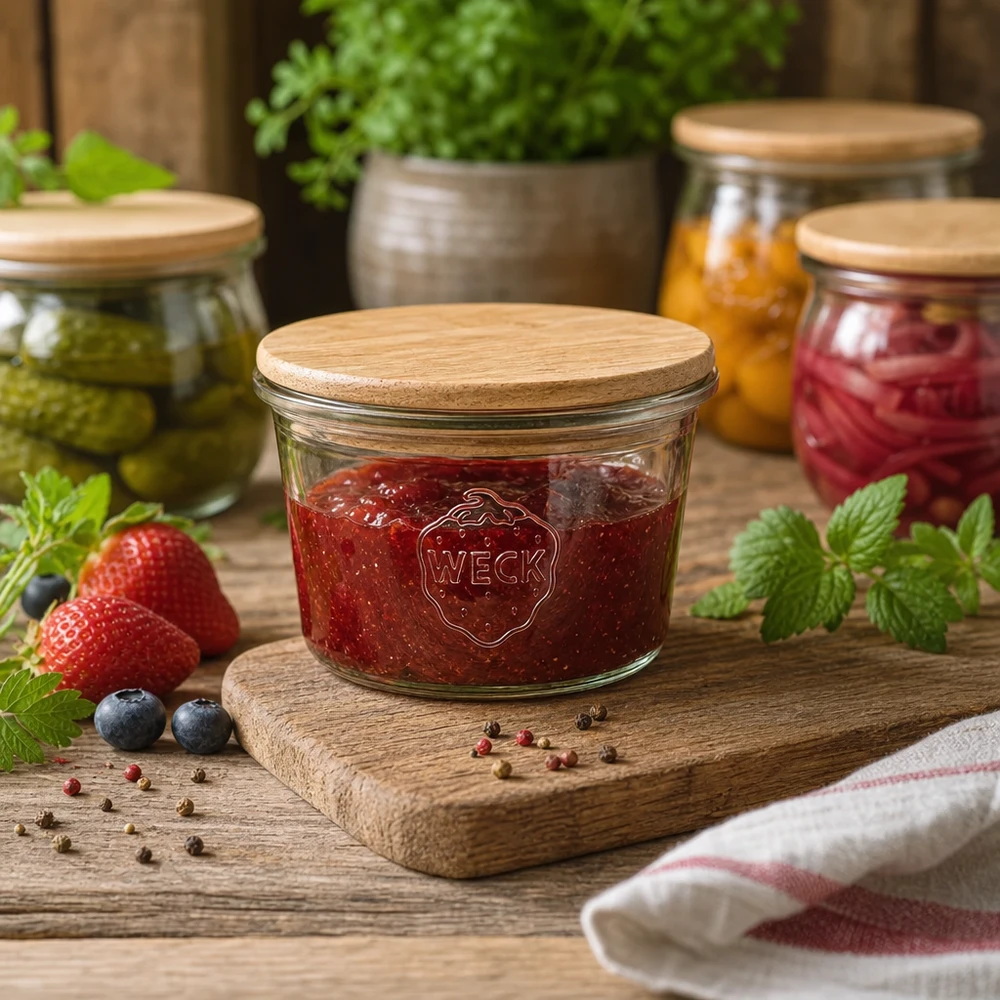 Mini tumbler WECK RR40 da 35 ml con coperchio in legno WECK mini barattolo da conserva 35ml con coperchio in legno riempito di marmellata su una tavola di legno rustica accanto a bacche fresche