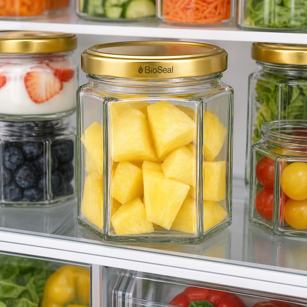 UNiTWIST Hexa47 Glasgefäß mit Ananas-Stücken im Kühlschrank - perfekt für frische Lebensmittel-Aufbewahrung