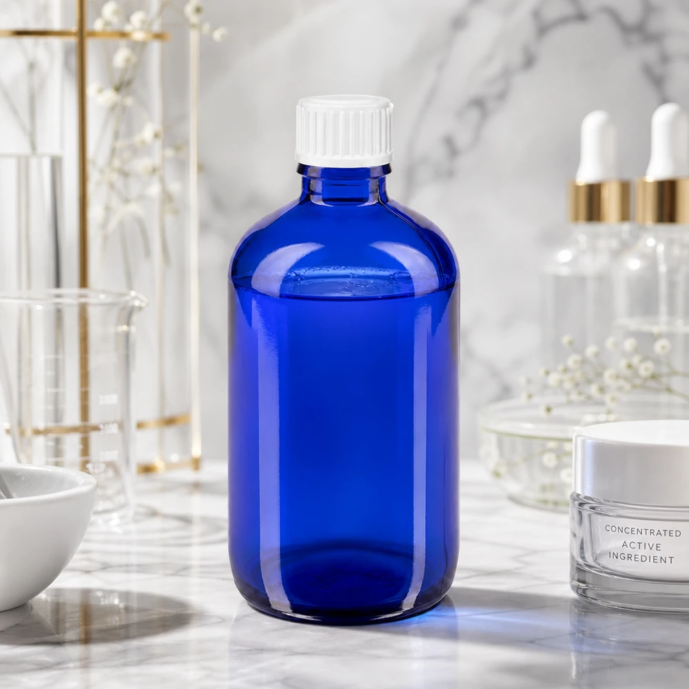 Apothekenflasche blau 100ml Schraubverschluss weiß Standard Blaue Apothekerflasche SV Standard 100ml für Kosmetik Pharmazie und ätherische Öle