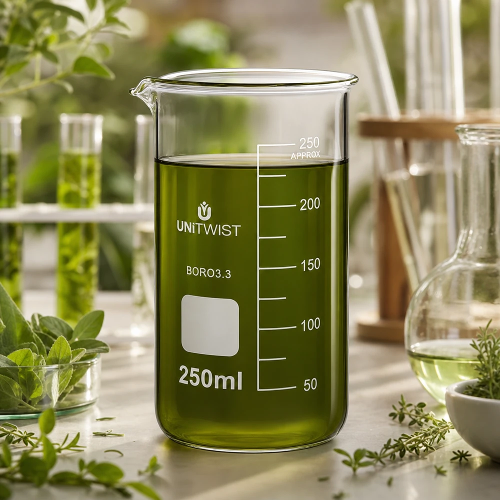 Bicchiere 250ml borosilicato, stampo alto UNITWIST Bicchiere UNITWIST da 250 ml, forma alta, con una soluzione a base di estratti di erbe verdi circondata da erbe fresche