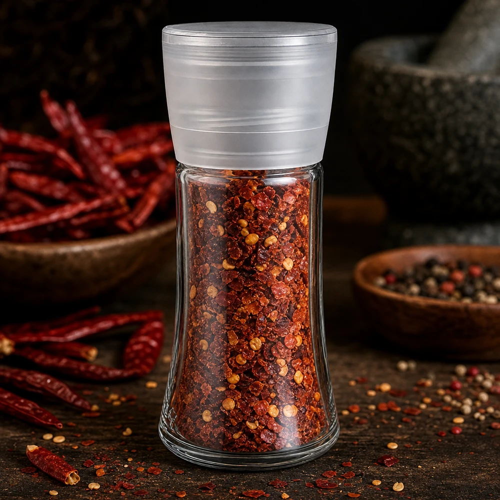 Pot à sel/épices 95 ml avec moulin Vario blanc Kompakte Gewürzmühle Vario 95ml mit Chiliflocken neben Pfefferkörnern in Holzschale