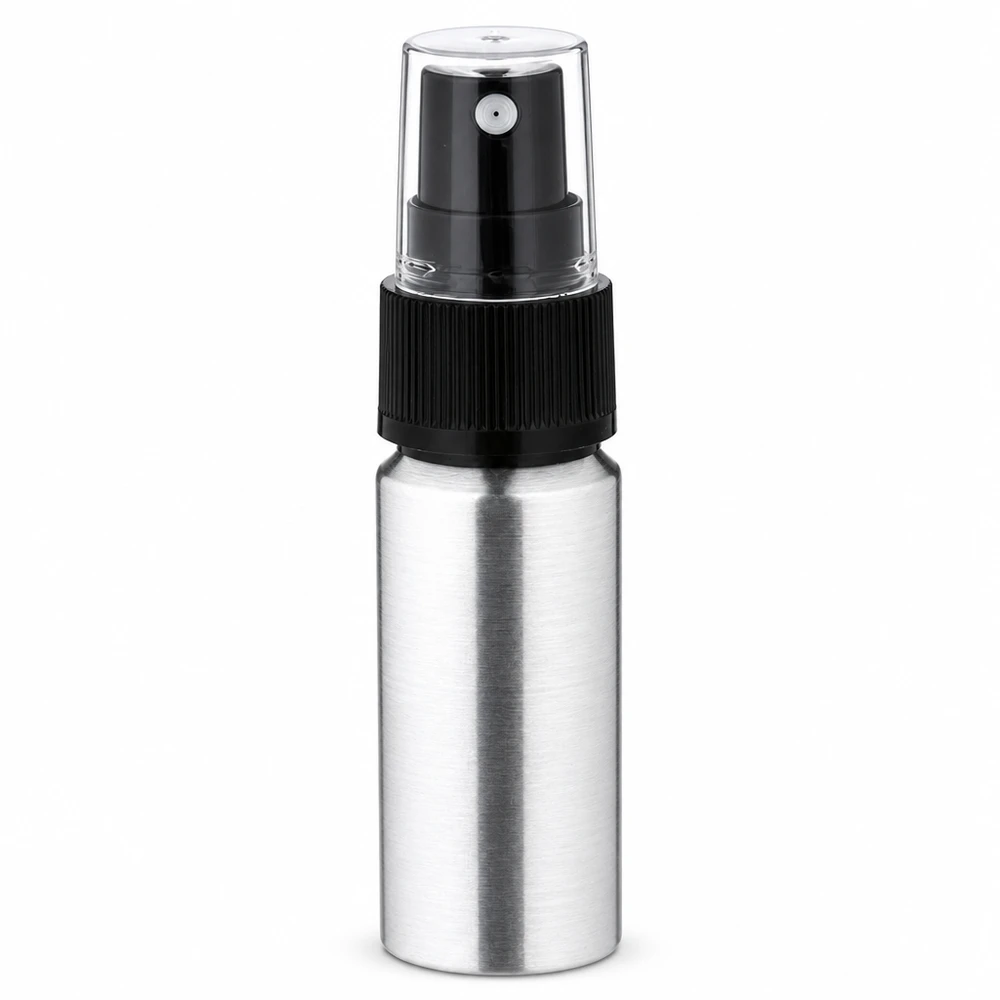 20ml geschliffene Aluflasche mit Zerstäuber Zylindrische Aluflasche mit Sprühpumpe - schlankes Design in gebürsteter Optik
