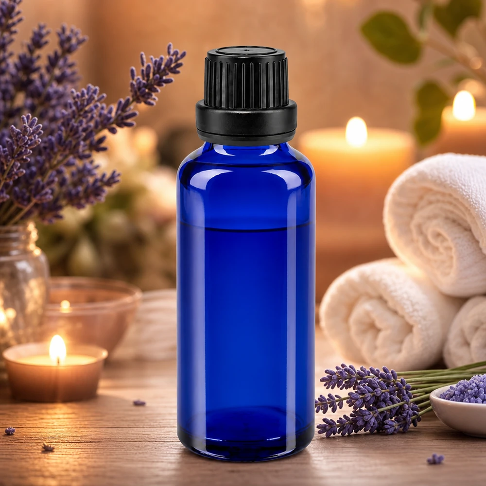 Flacon en verre bleu de 30 ml avec bouchon à vis noir et compte-gouttes pour huiles essentielles