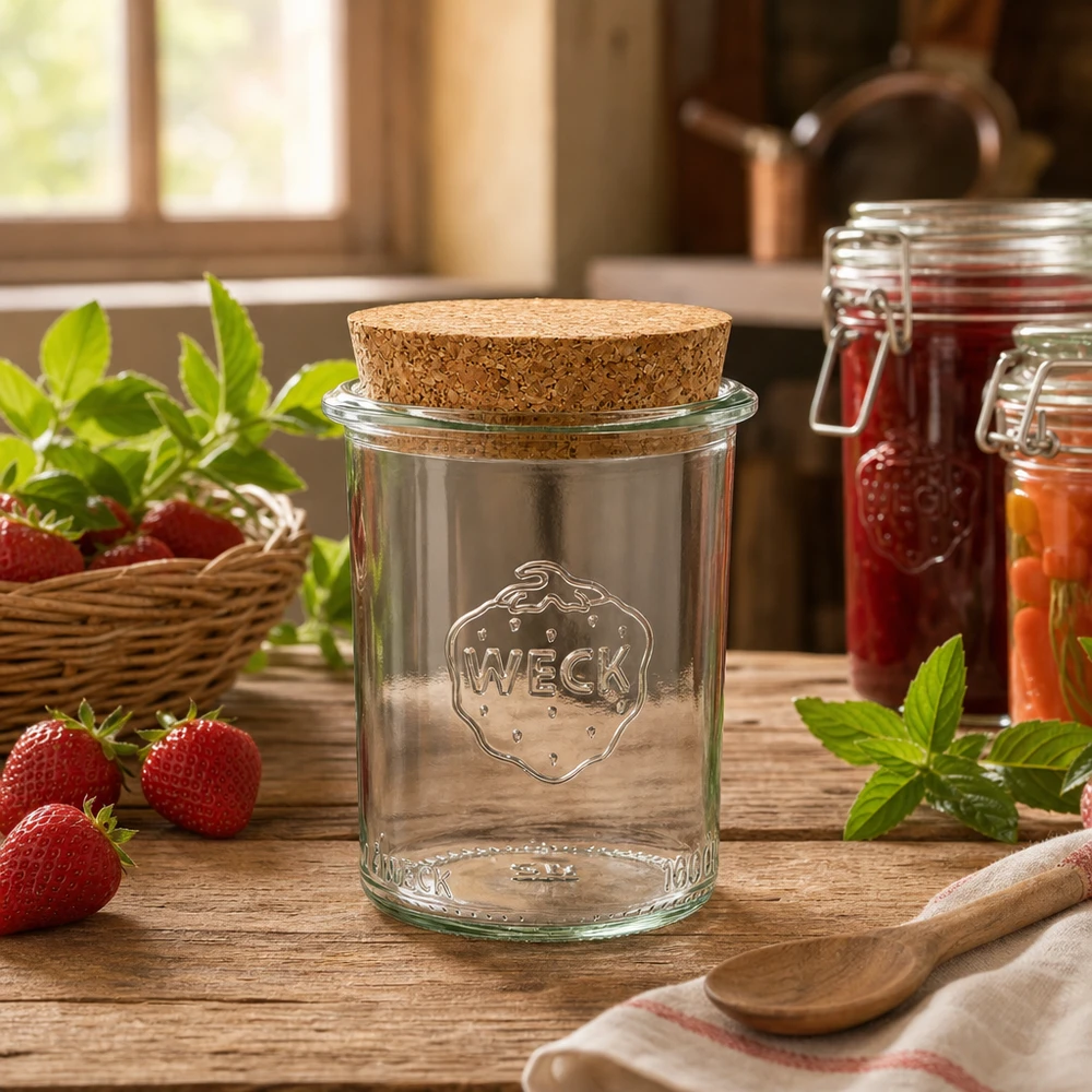 Bicchieri da 160 ml WECK RR60 con tappo in sughero naturale WECK RR60 vaso per conserve 160ml con coperchio in sughero in una cucina rustica accanto a fragole e barattoli di marmellata