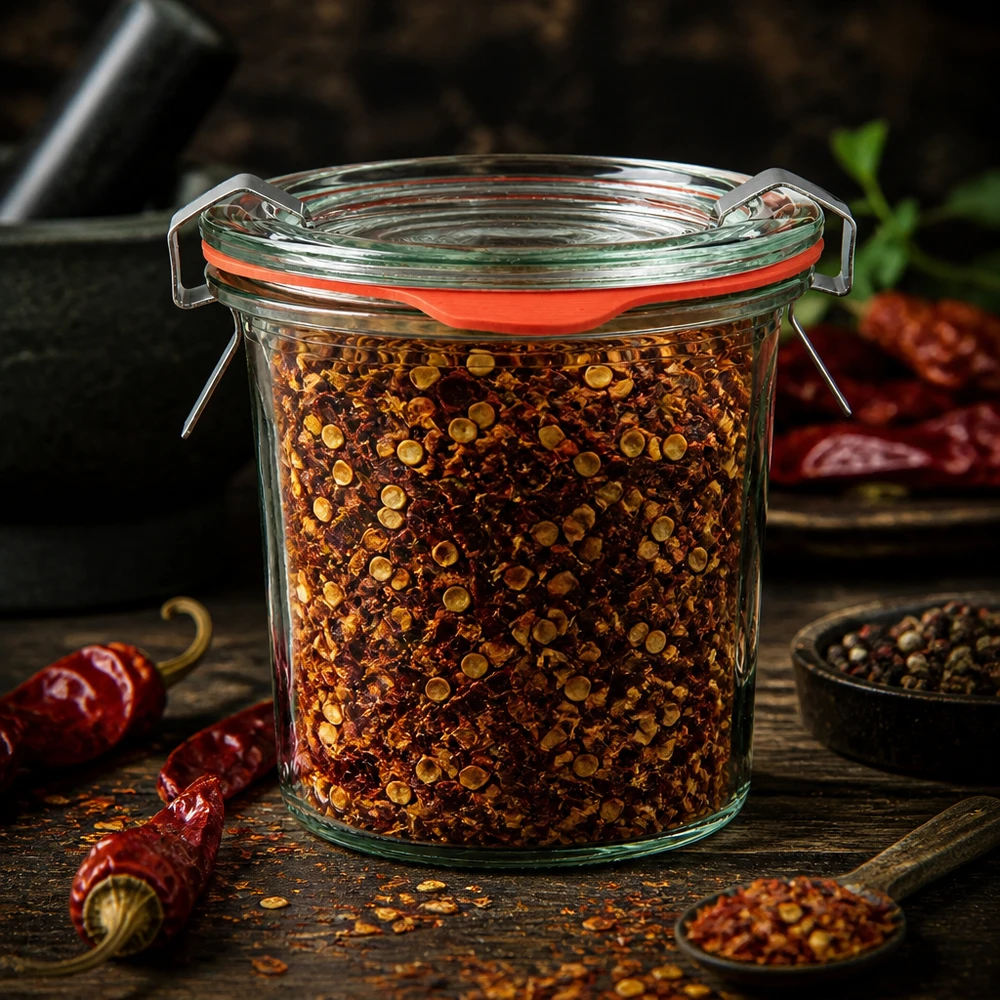 Barattolo WECK da 140 ml con fiocchi di peperoncino tritati grossolanamente, da utilizzare come contenitore per le spezie in cucina