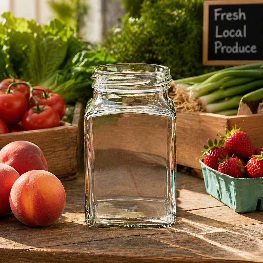 UNiTWIST Tetra260 vaso a 4 angoli 260ml Barattolo per conserve TO58 tra frutta e verdura fresca su tavolo di legno