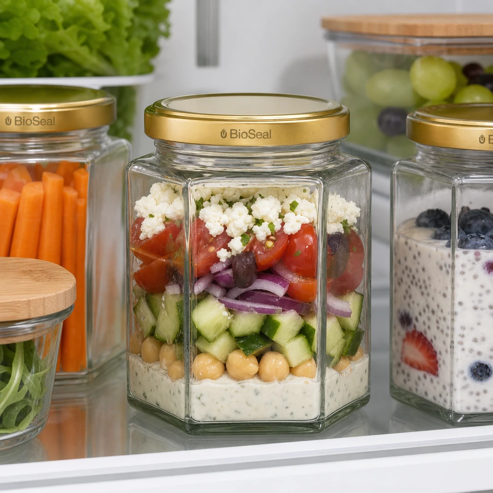 390ml Hexaglas mit BioSeal Deckel gold UNiTWIST UNiTWIST Hexa390 Meal Prep Glas mit BioSeal Deckel für geschichteten Salat im Kühlschrank zur Vorratshaltung