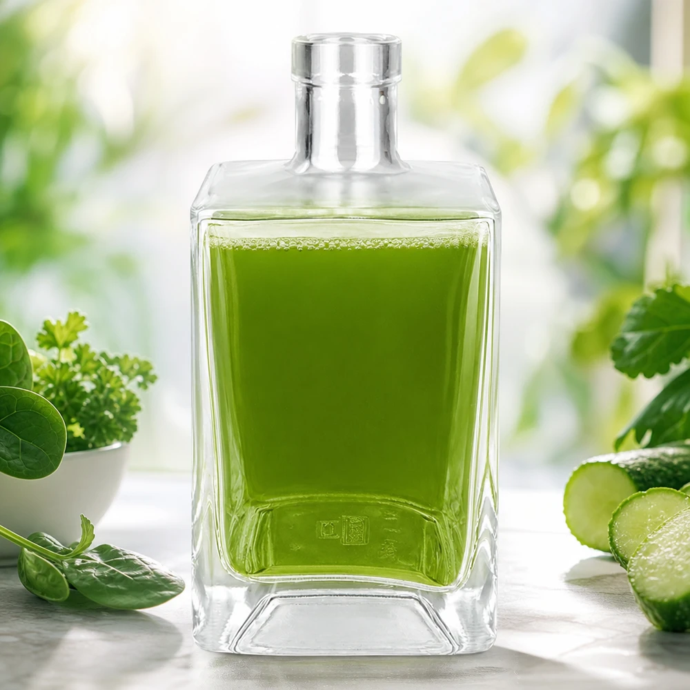 Bottiglia di vetro Ben 700ml riempita con succo verde circondato da erbe fresche, cetrioli e spinaci come frullato detox.