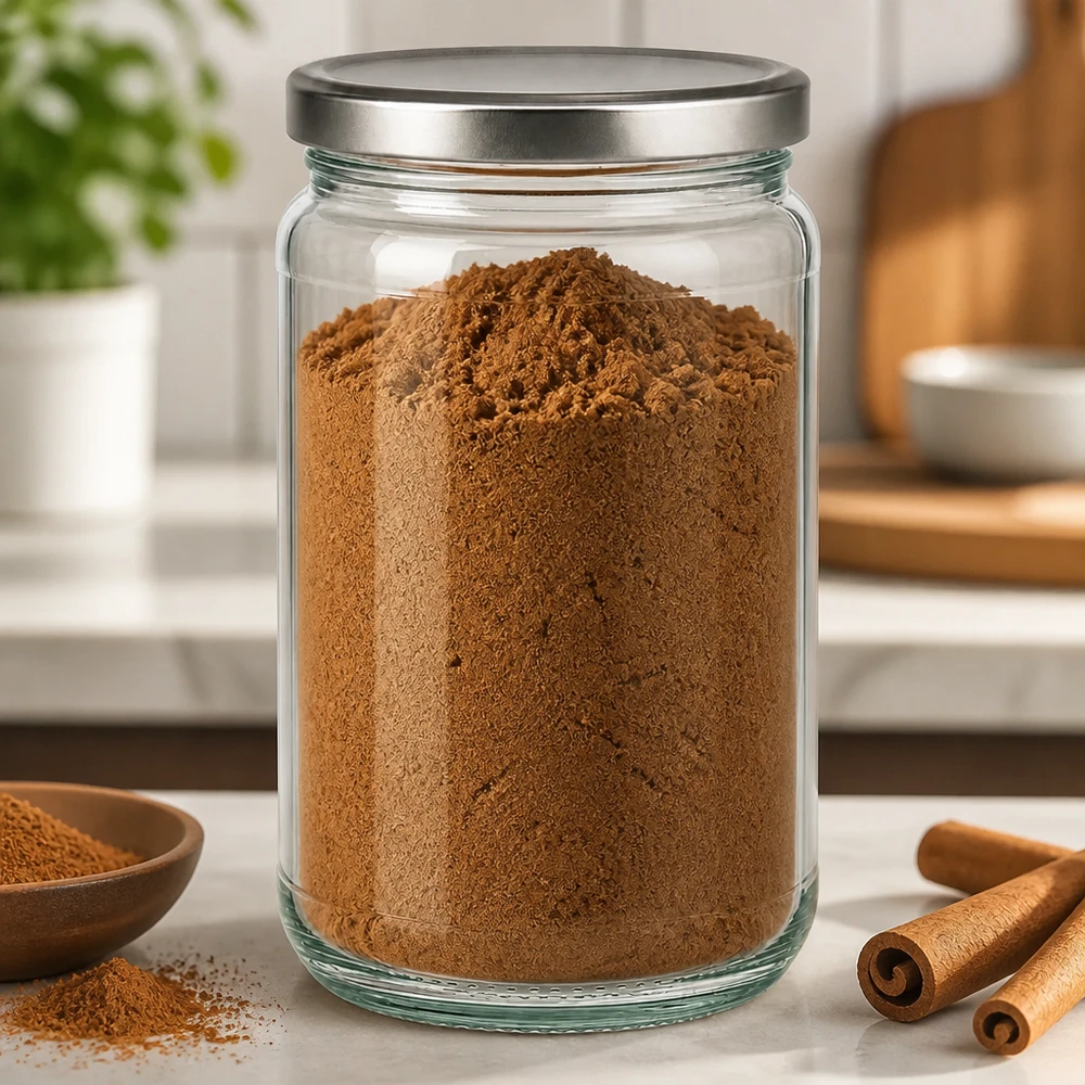 Barattolo rotondo da 305 ml riempito di cacao in polvere e coperchio BasicSeal argento in un ambiente di cucina con bastoncini di cannella