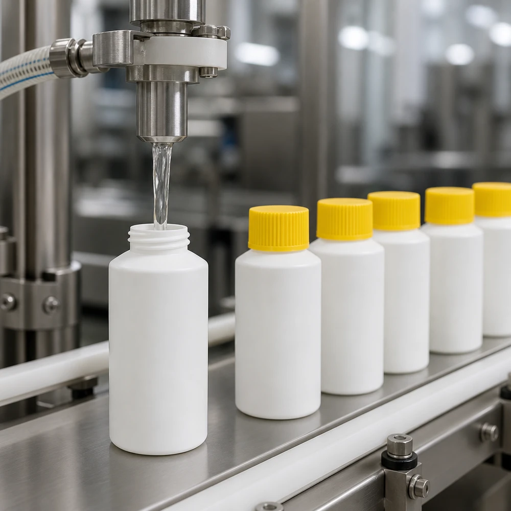 Flacon de pharmacie HDPE 30ml blanc avec bouchon vissable jaune Mise en bouteille industrielle de flacons de 30 ml en PEHD blanc avec bouchons jaunes sur un convoyeur en acier inoxydable