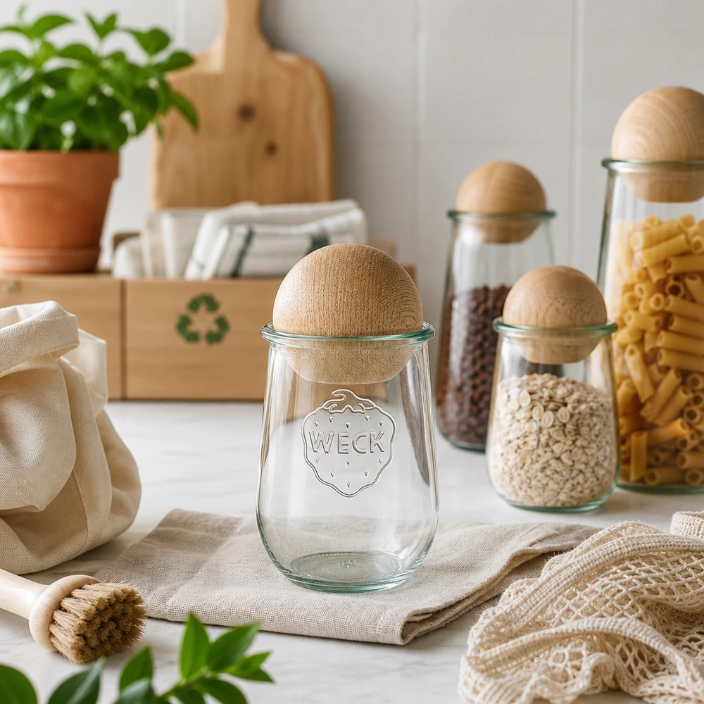 Vaso per tulipani WECK RR100 da 1062 ml con sfera in legno di faggio WECK vaso a tulipano 1062ml RR100 con sfera in faggio in cucina sostenibile a rifiuti zero con simbolo riciclato e materiali naturali