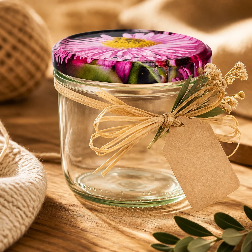 Confezione regalo con tumbler da 230 ml con coperchio floreale BasicSeal, fiocco in rafia e ciondolo su base in legno