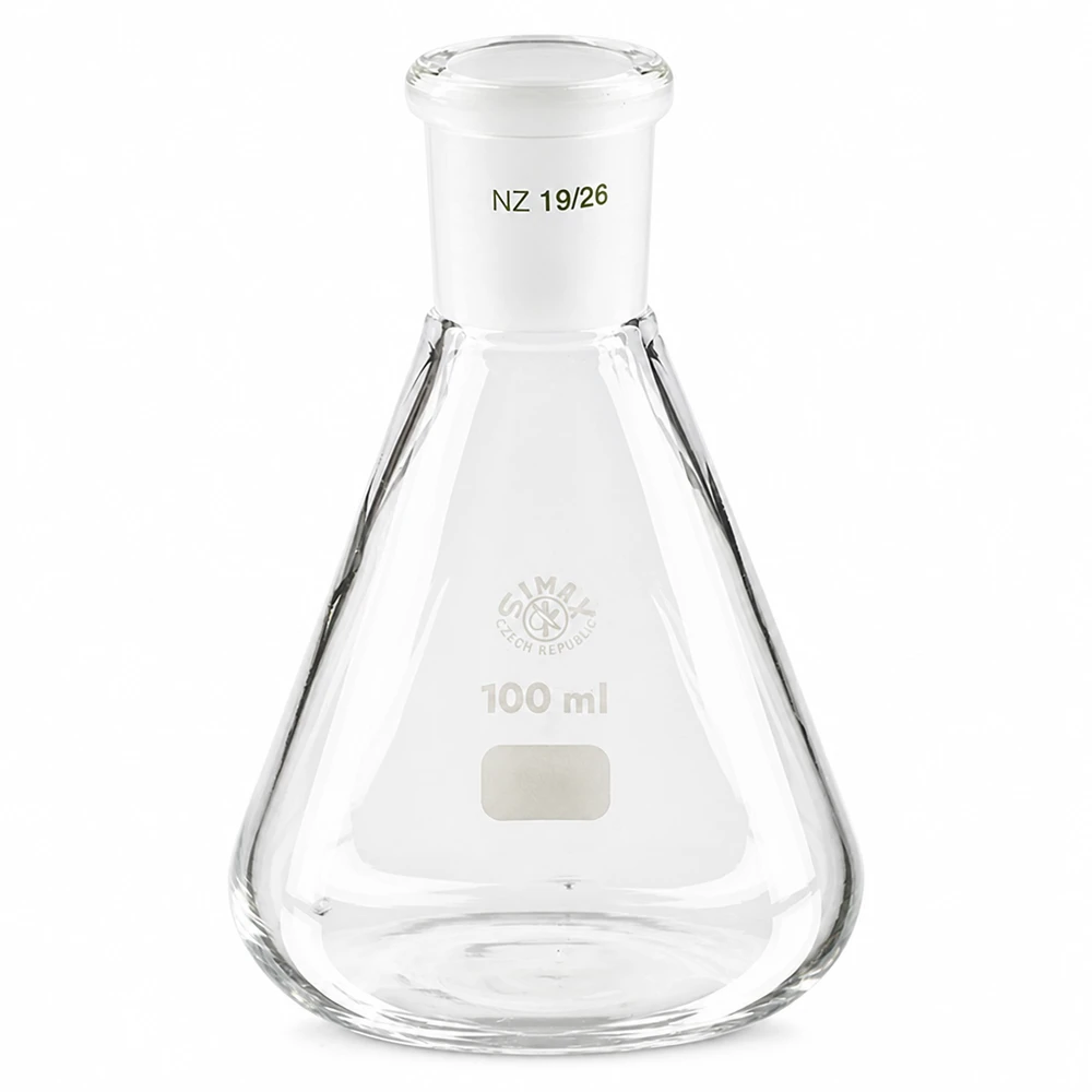 Erlenmeyer 100 ml col étroit, verre borosilicate à rodage normalisé 19/26 Erlenmeyer 100 ml col étroit, verre borosilicate à rodage normalisé 19/26