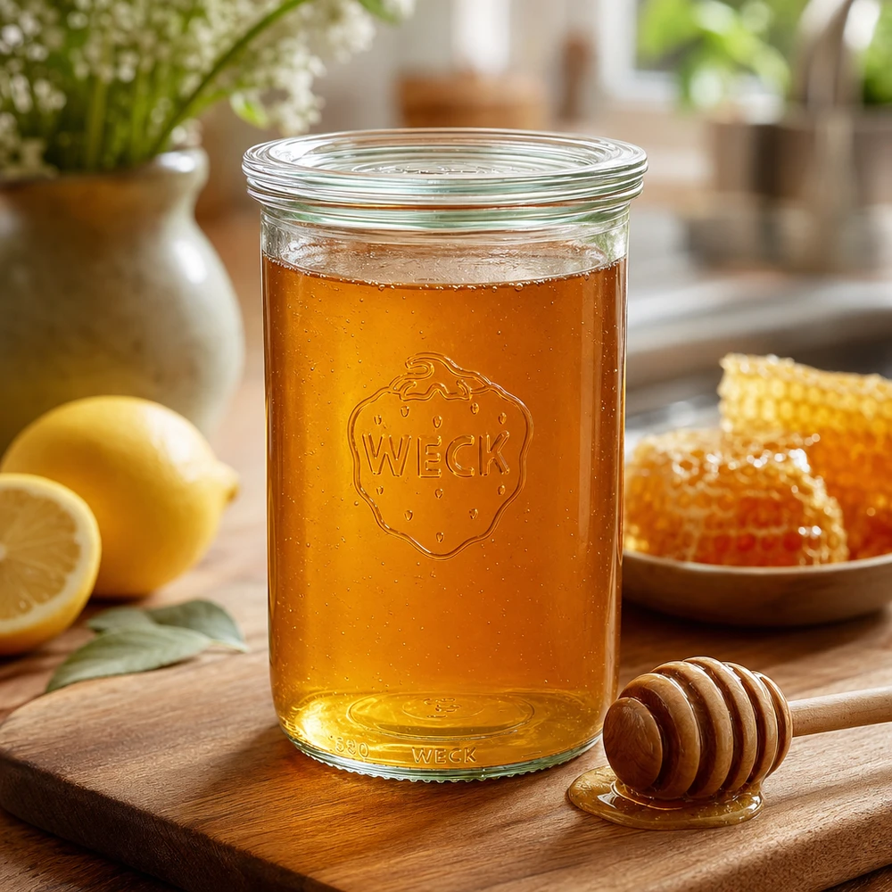 1000ml Sturzglas mit Glasdeckel WECK RR100 WECK Sturzglas 1000ml RR100 mit Honig gefüllt neben Honigwabe und Honiglöffel auf Holzbrett in warmer Küche