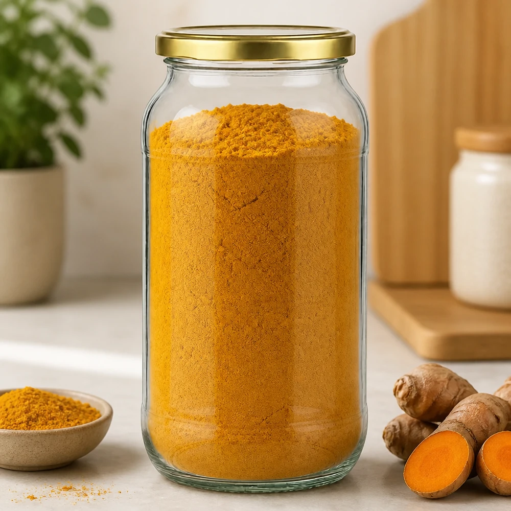 Barattolo rotondo da 1062 ml con coperchio BasicSeal dorato pieno di curcuma in polvere accanto alla radice di curcuma fresca sul bancone della cucina