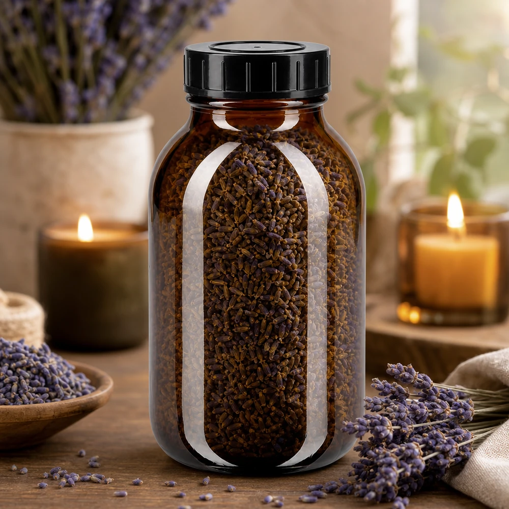 Bottiglia in vetro di alta qualità da 500 ml, di colore marrone, con ampia apertura per facilitare il riempimento e lo svuotamento.