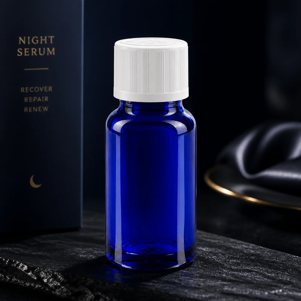 Apothekenflasche blau 10ml Schraubverschluss weiß Kindersicherung Standard Blaue Apothekerfl 10ml mit weißem Schraubverschluss als Verpackung für Recover Repair Serum